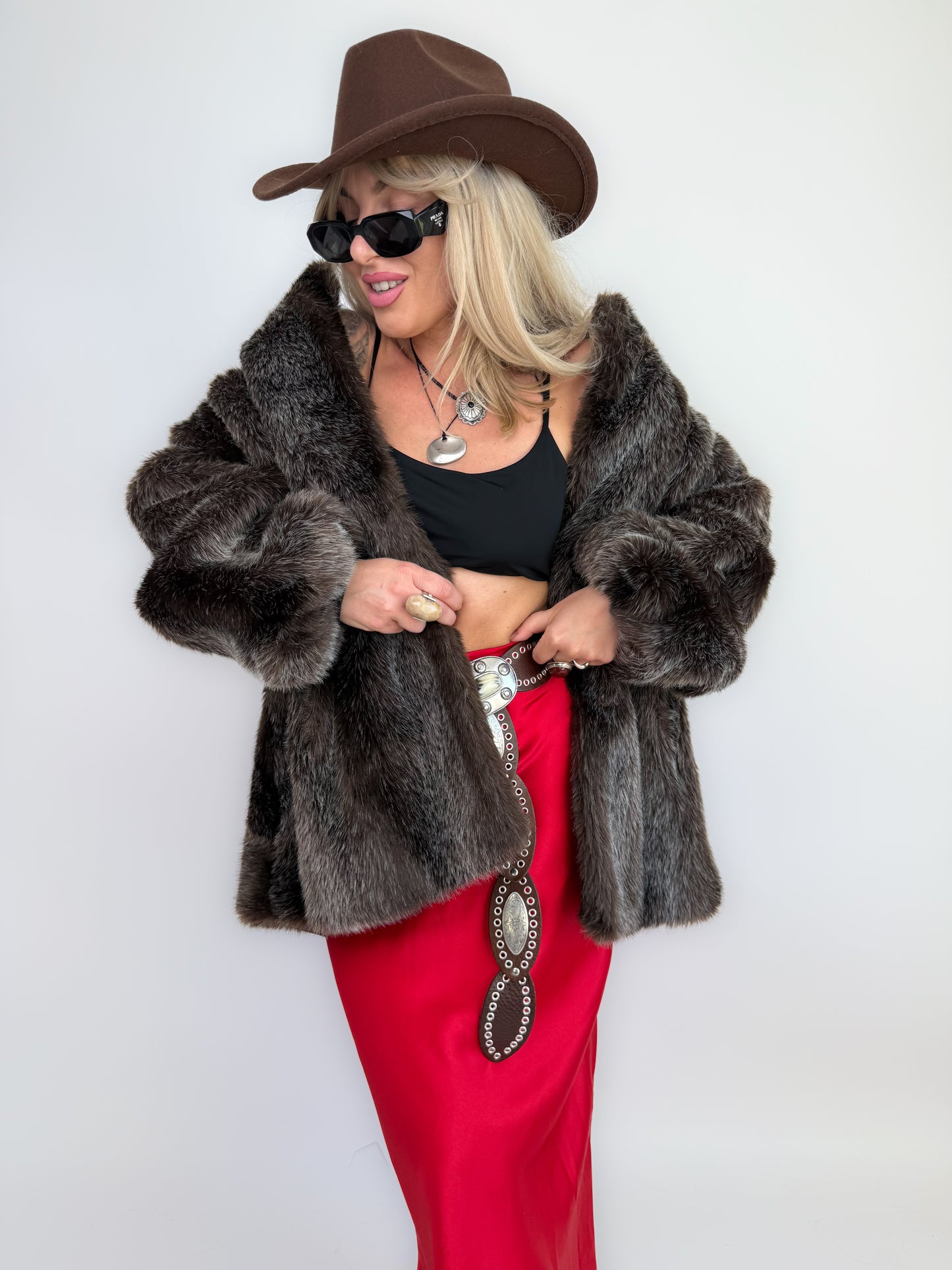 Vintage Brown Frosted Faux Fur Coat  S
