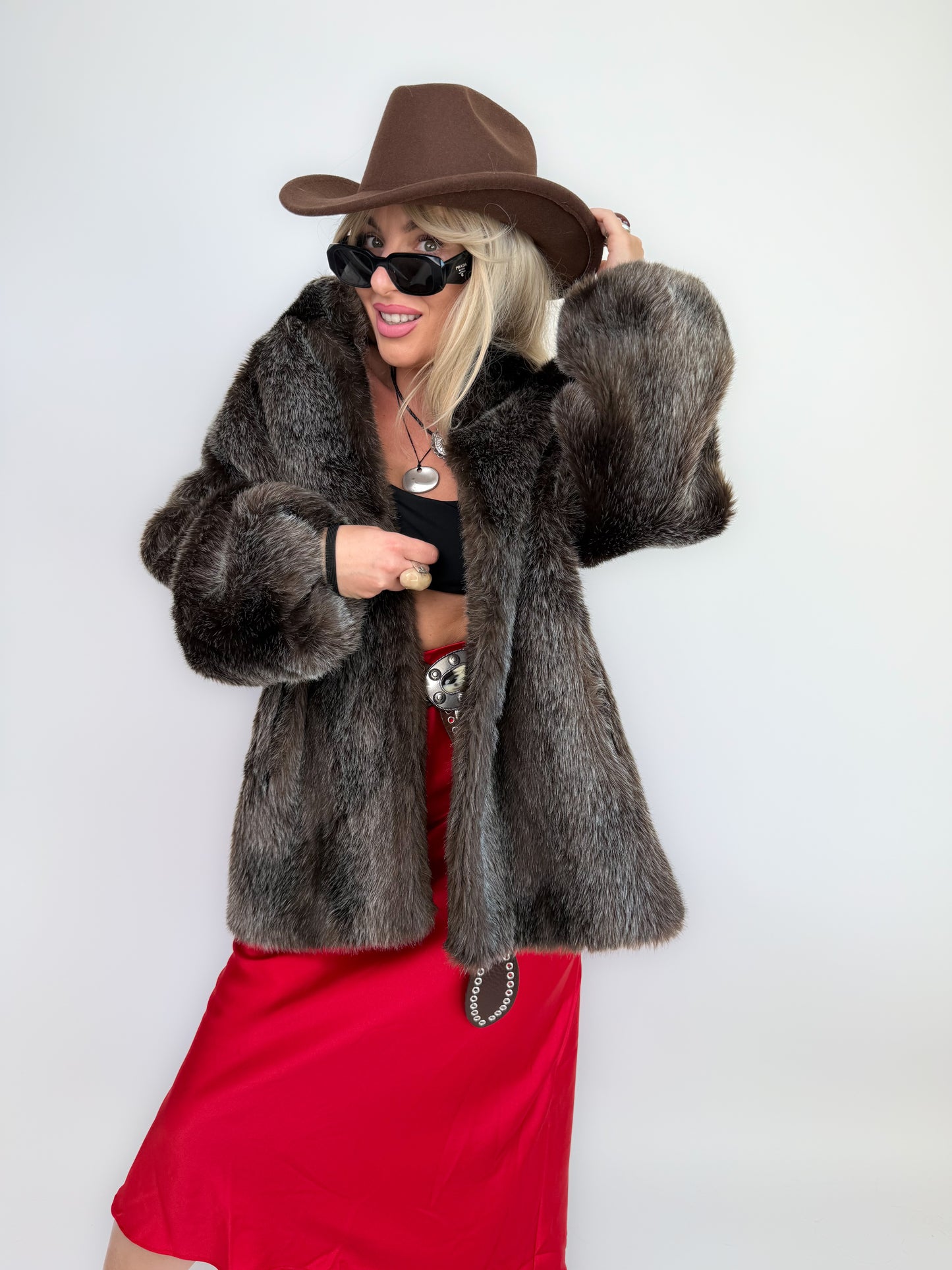 Vintage Brown Frosted Faux Fur Coat  S
