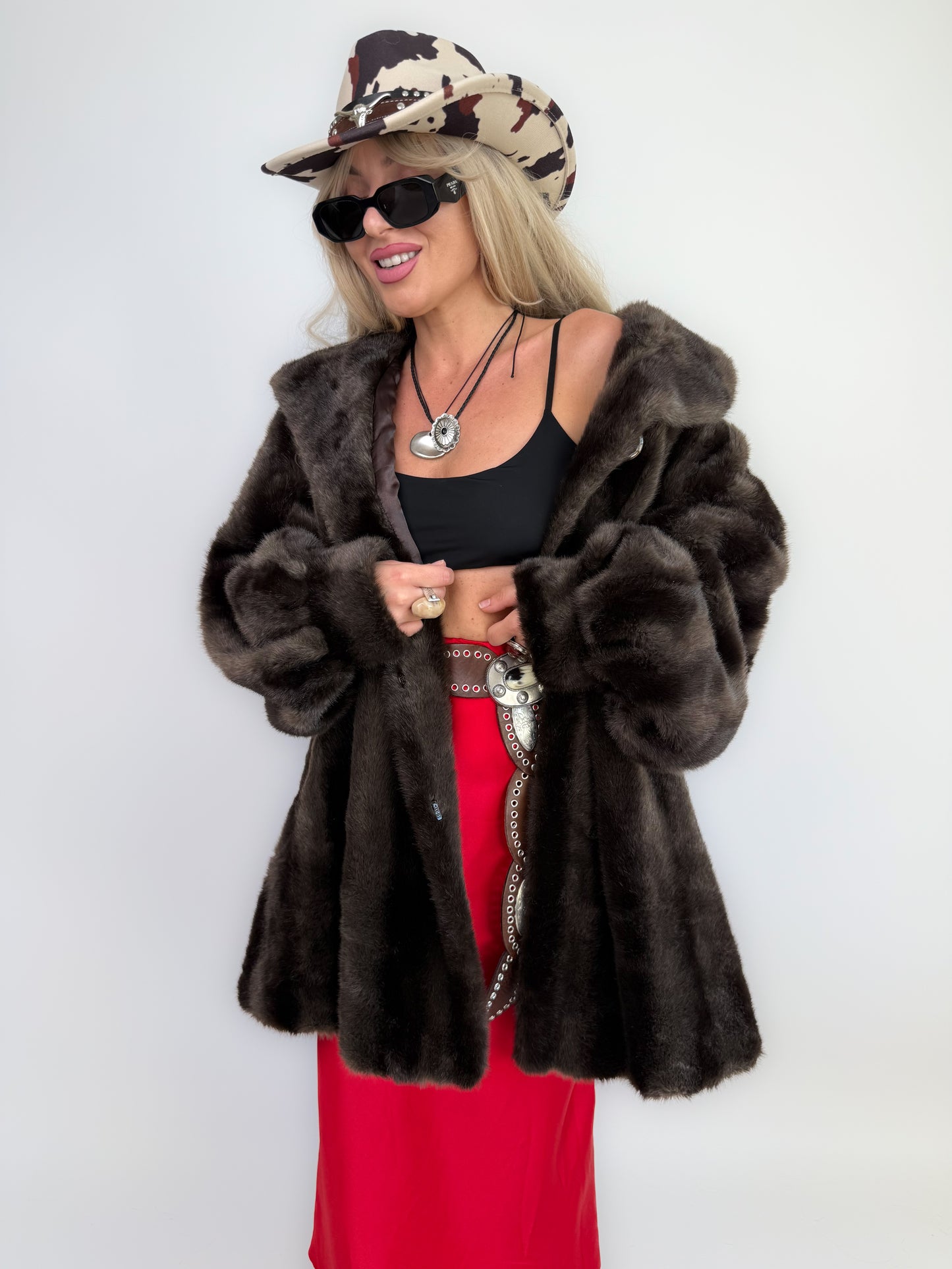 Chocolate Brown Faux Fur Vintage Coat – Short Plush 80s Glam S-M