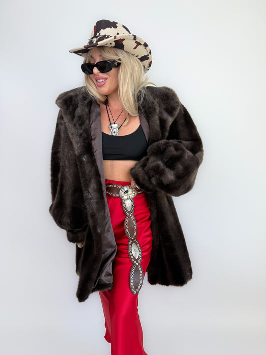 Chocolate Brown Faux Fur Vintage Coat – Short Plush 80s Glam S-M