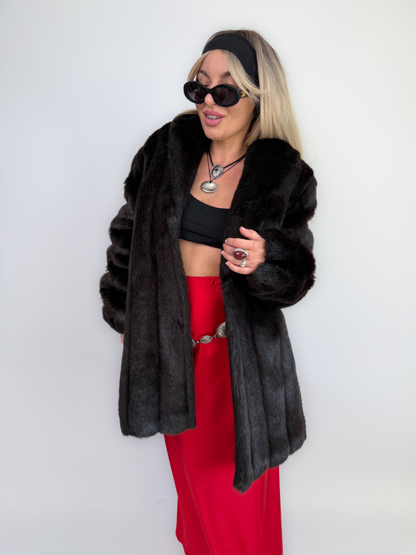 Vintage Black Faux Fur Coat Mid Length Winter Jacket S-M