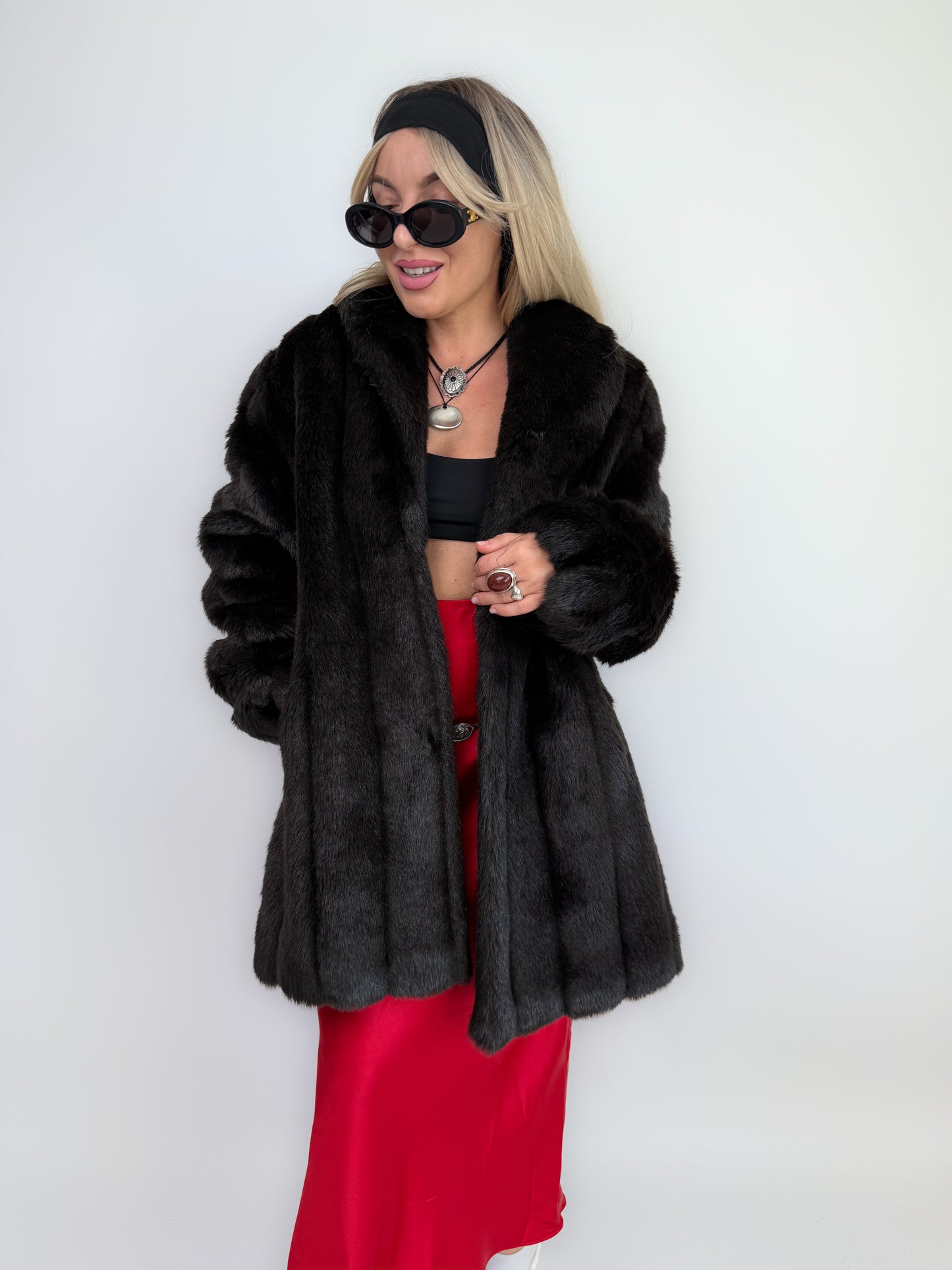 Vintage Black Faux Fur Coat Mid Length Winter Jacket S-M