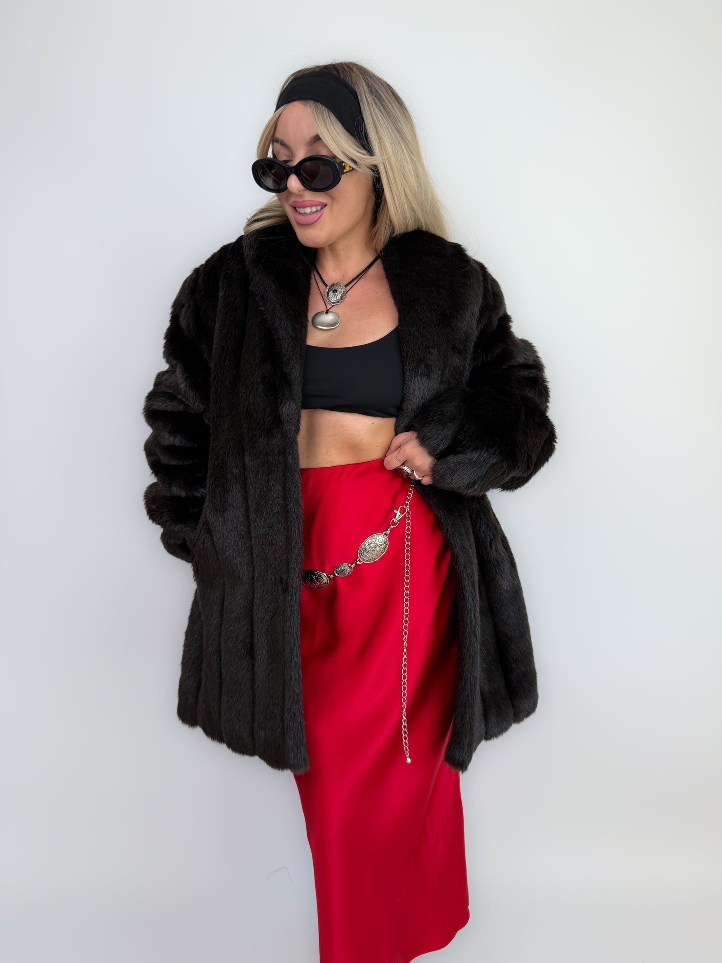 Vintage Black Faux Fur Coat Mid Length Winter Jacket S-M