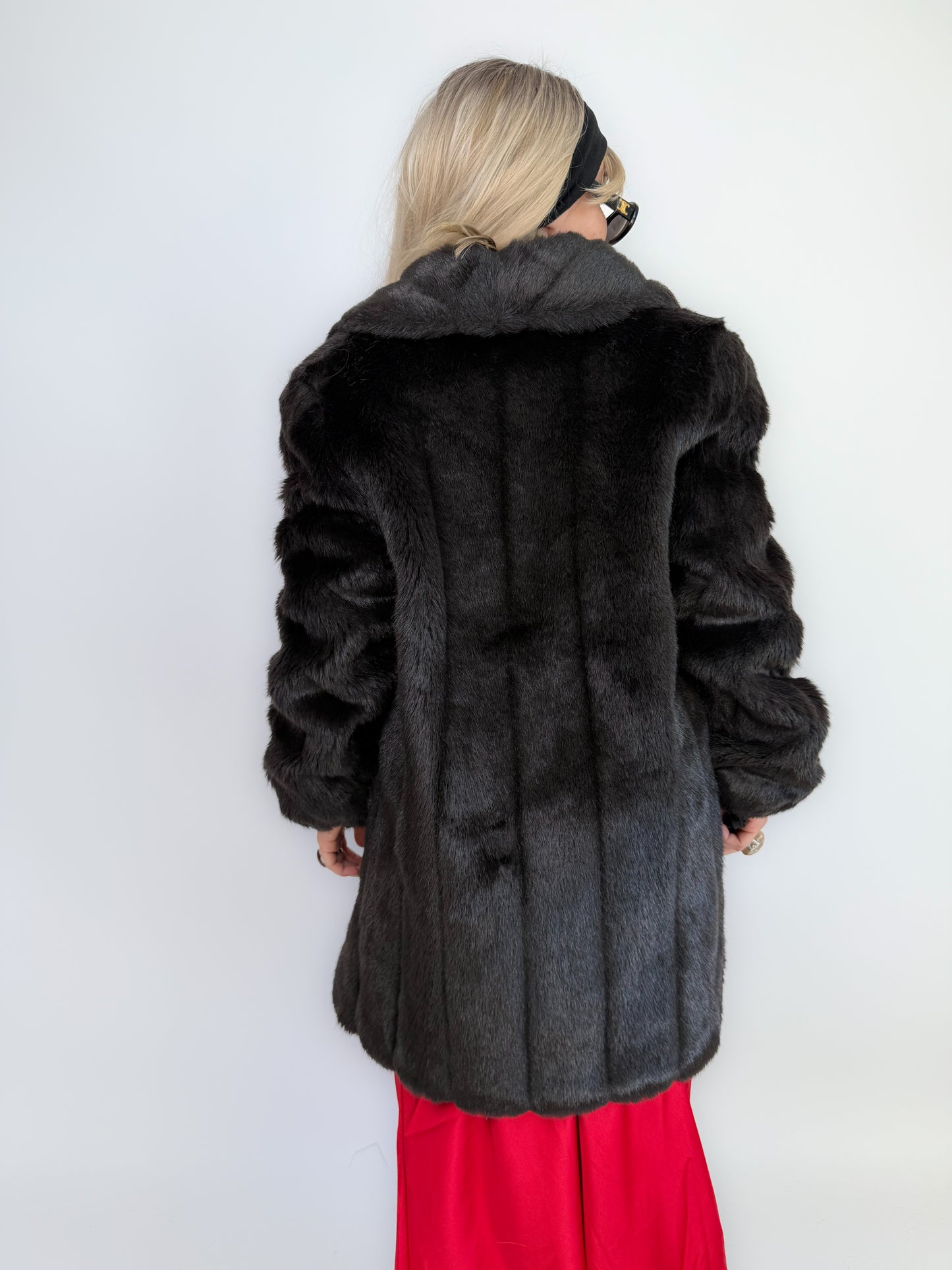 Vintage Black Faux Fur Coat Mid Length Winter Jacket S-M