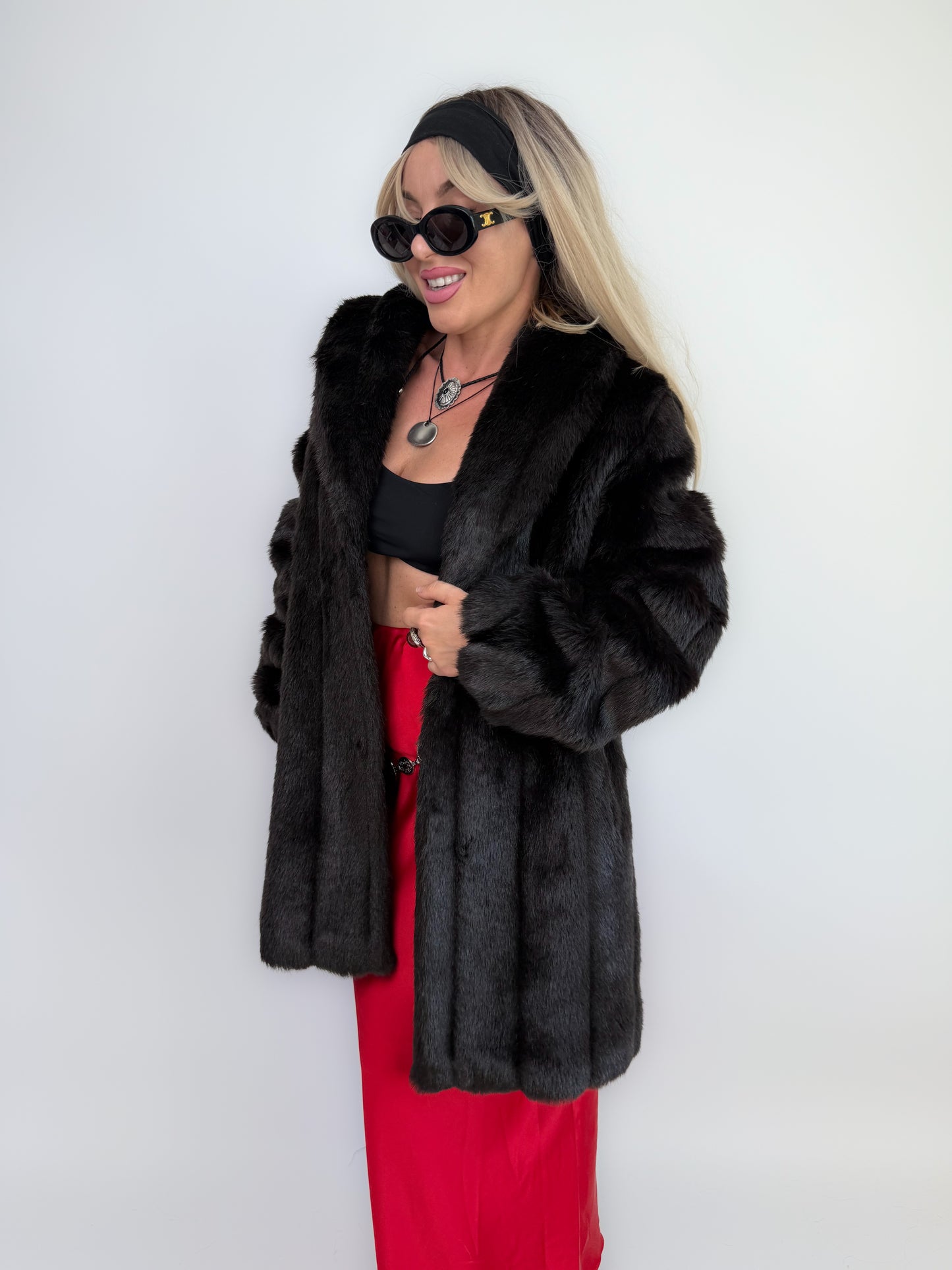 Vintage Black Faux Fur Coat Mid Length Winter Jacket S-M