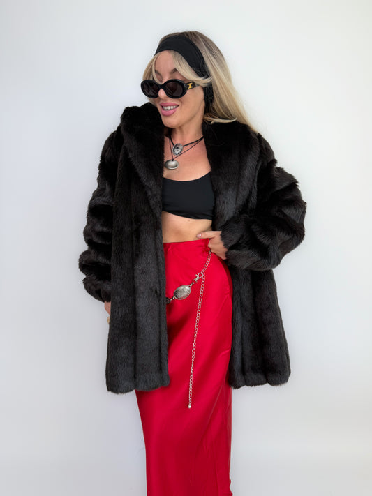 Vintage Black Faux Fur Coat Mid Length Winter Jacket S-M