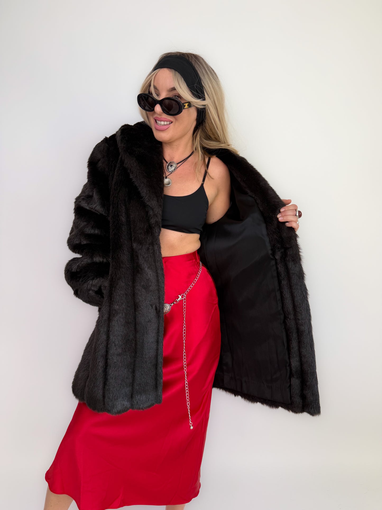 Vintage Black Faux Fur Coat Mid Length Winter Jacket S-M