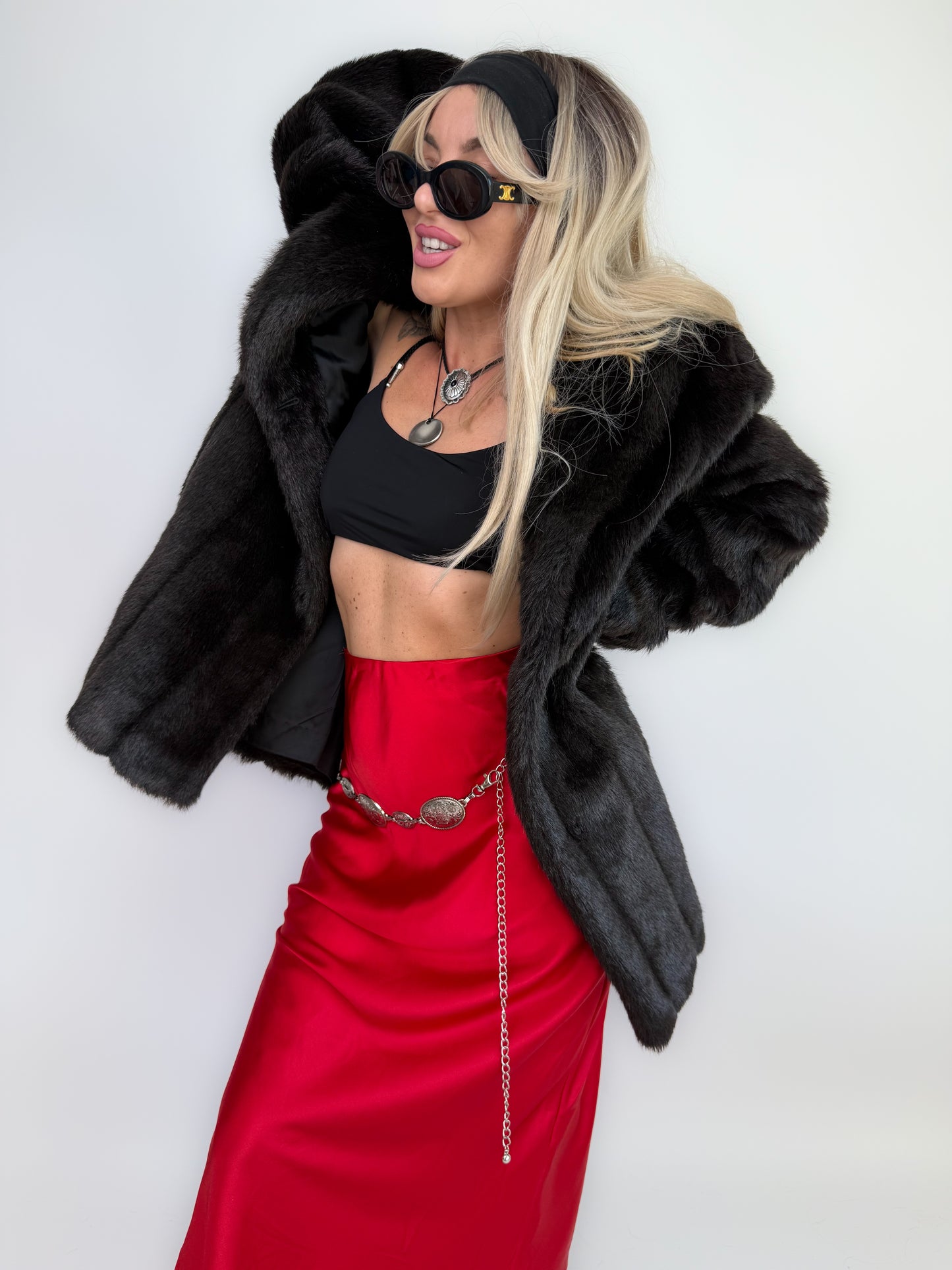Vintage Black Faux Fur Coat Mid Length Winter Jacket S-M