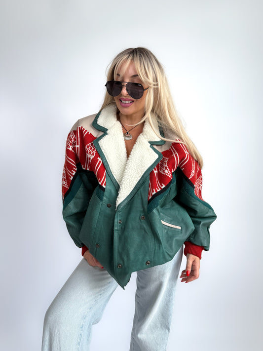 Vintage Navajo Leather Southwestern Bomber Jacket – Sherpa Collar, Streetwear Style M-L-XL