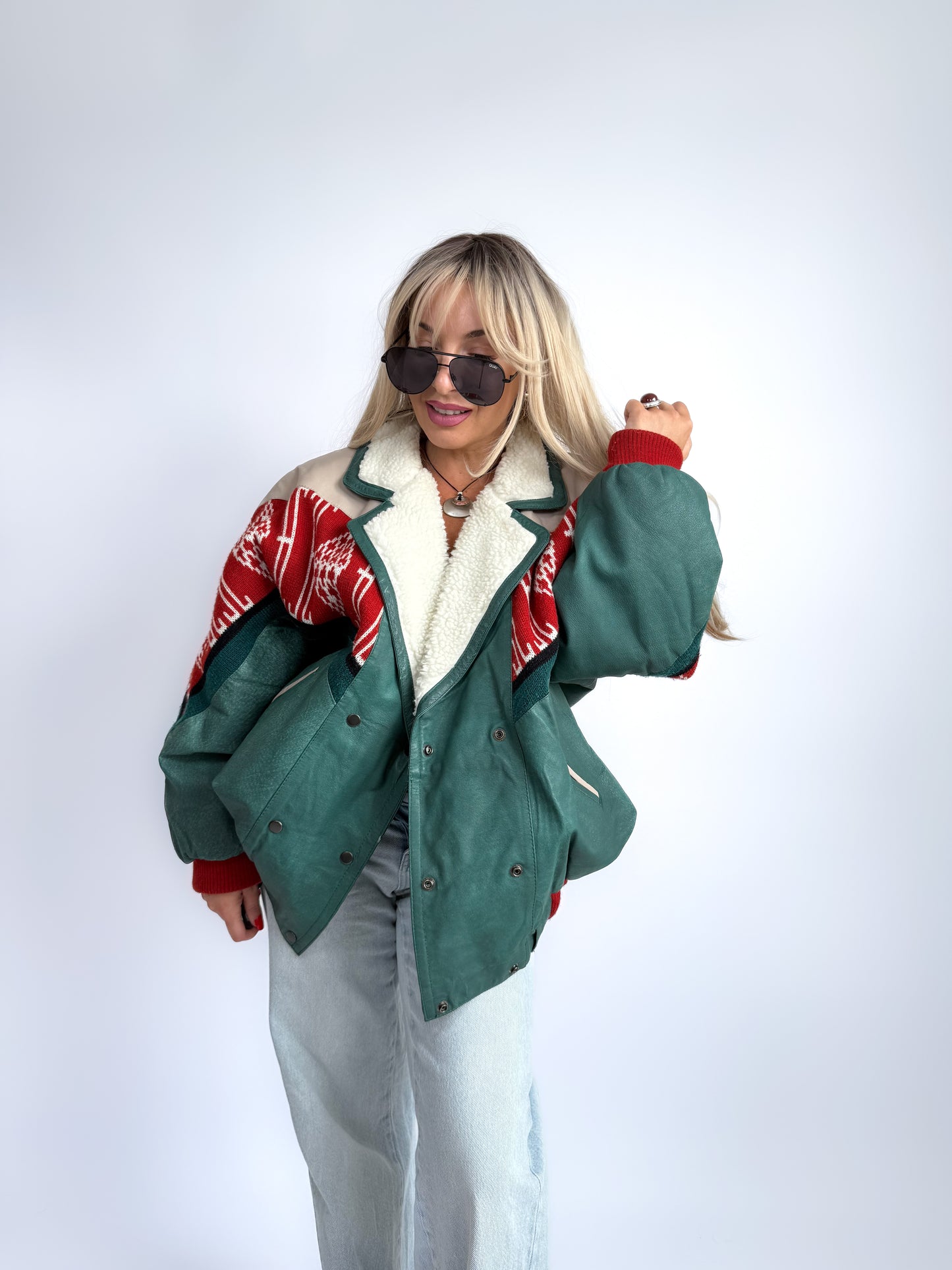 Vintage Navajo Leather Southwestern Bomber Jacket – Sherpa Collar, Streetwear Style M-L-XL