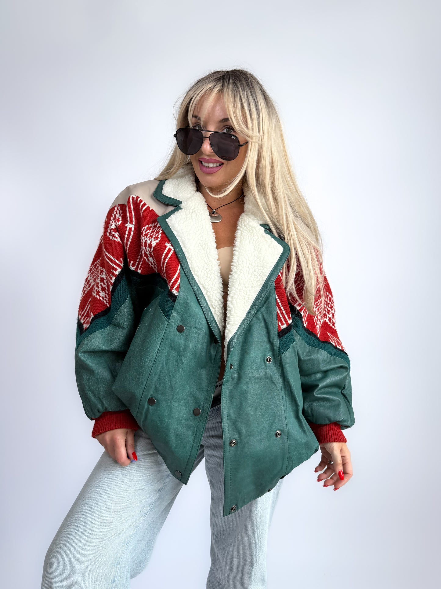 Vintage Navajo Leather Southwestern Bomber Jacket – Sherpa Collar, Streetwear Style M-L-XL