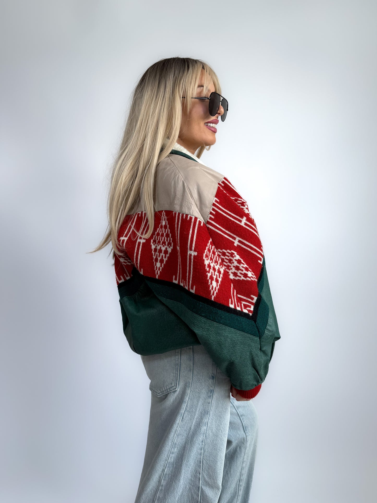 Vintage Navajo Leather Southwestern Bomber Jacket – Sherpa Collar, Streetwear Style M-L-XL