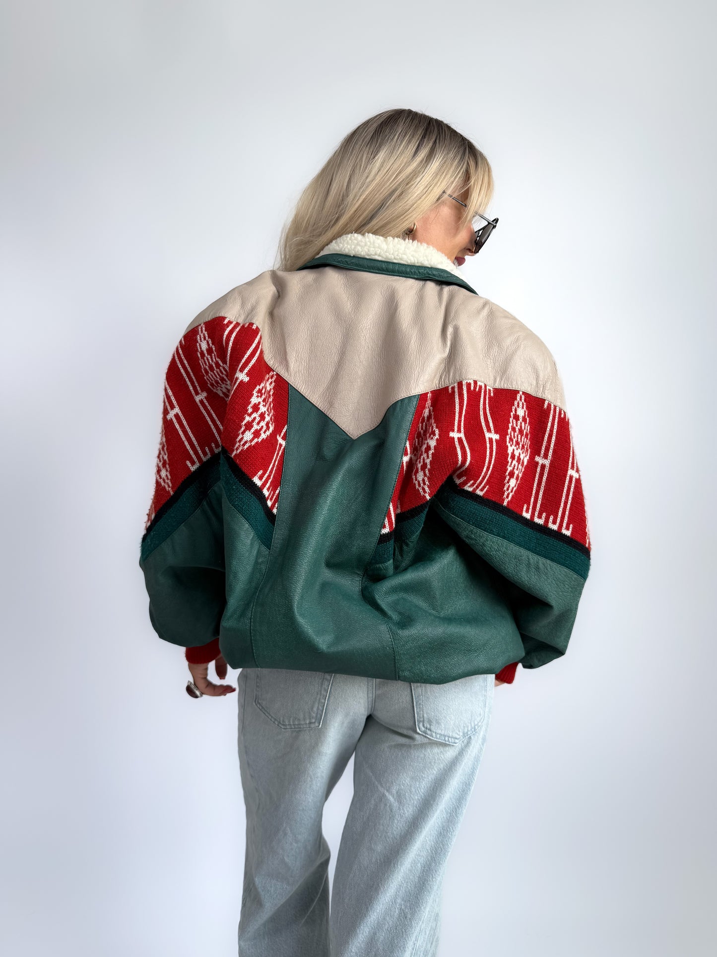Vintage Navajo Leather Southwestern Bomber Jacket – Sherpa Collar, Streetwear Style M-L-XL