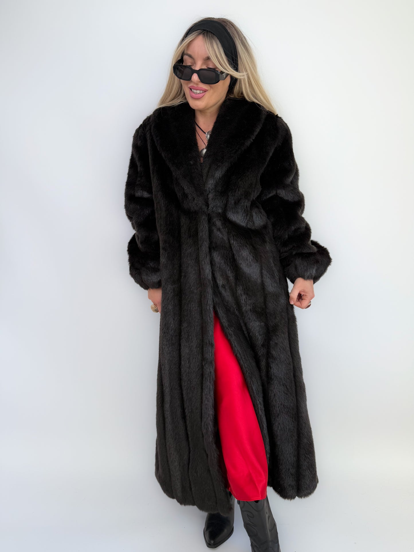 Vintage Black Faux Mink Full Length Winter Coat S-M