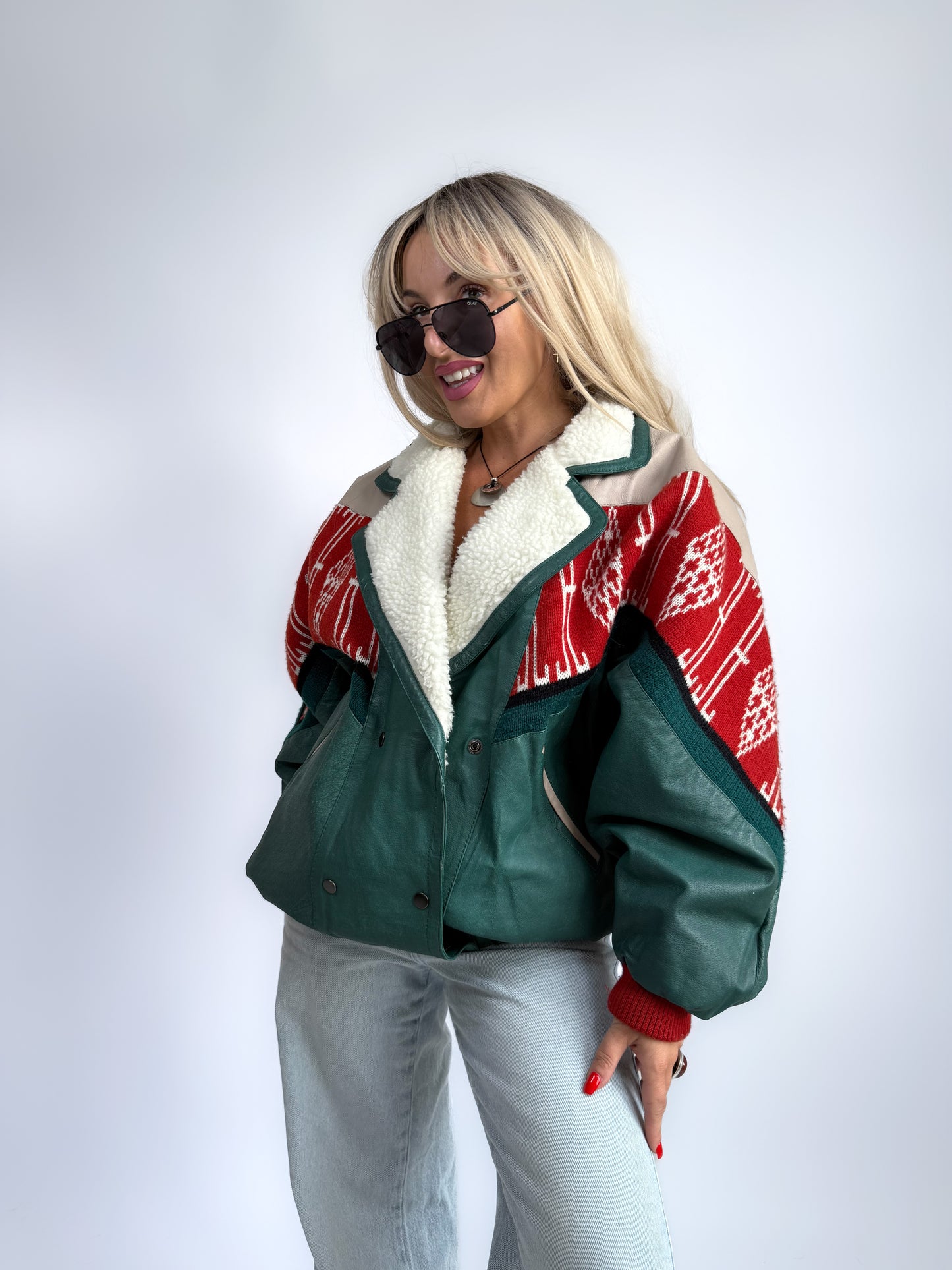 Vintage Navajo Leather Southwestern Bomber Jacket – Sherpa Collar, Streetwear Style M-L-XL