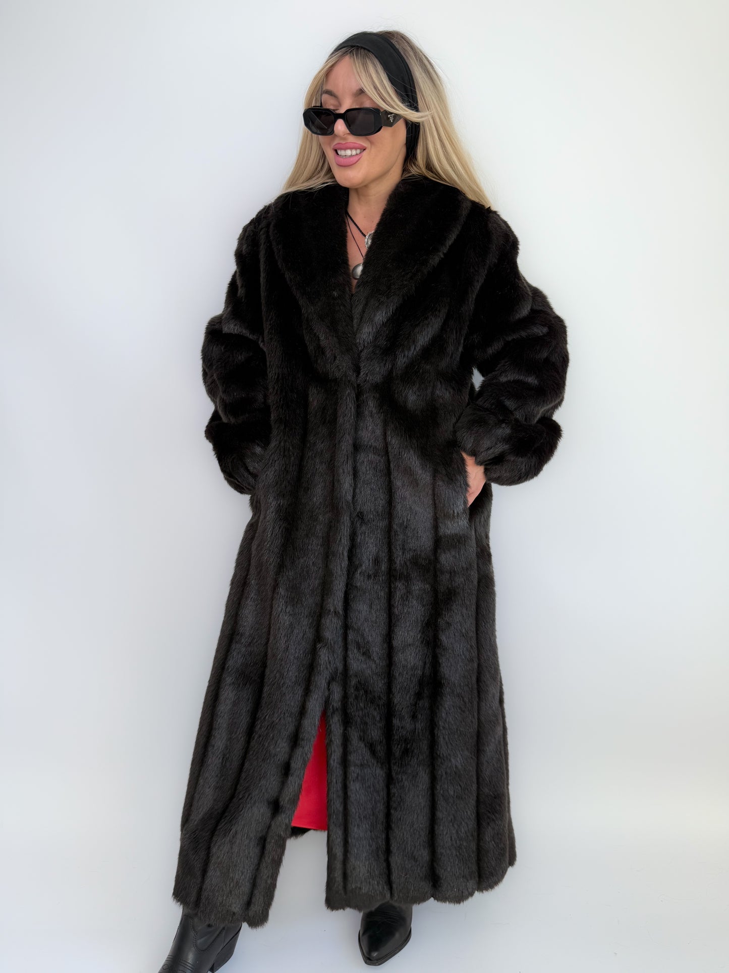 Vintage Black Faux Mink Full Length Winter Coat S-M