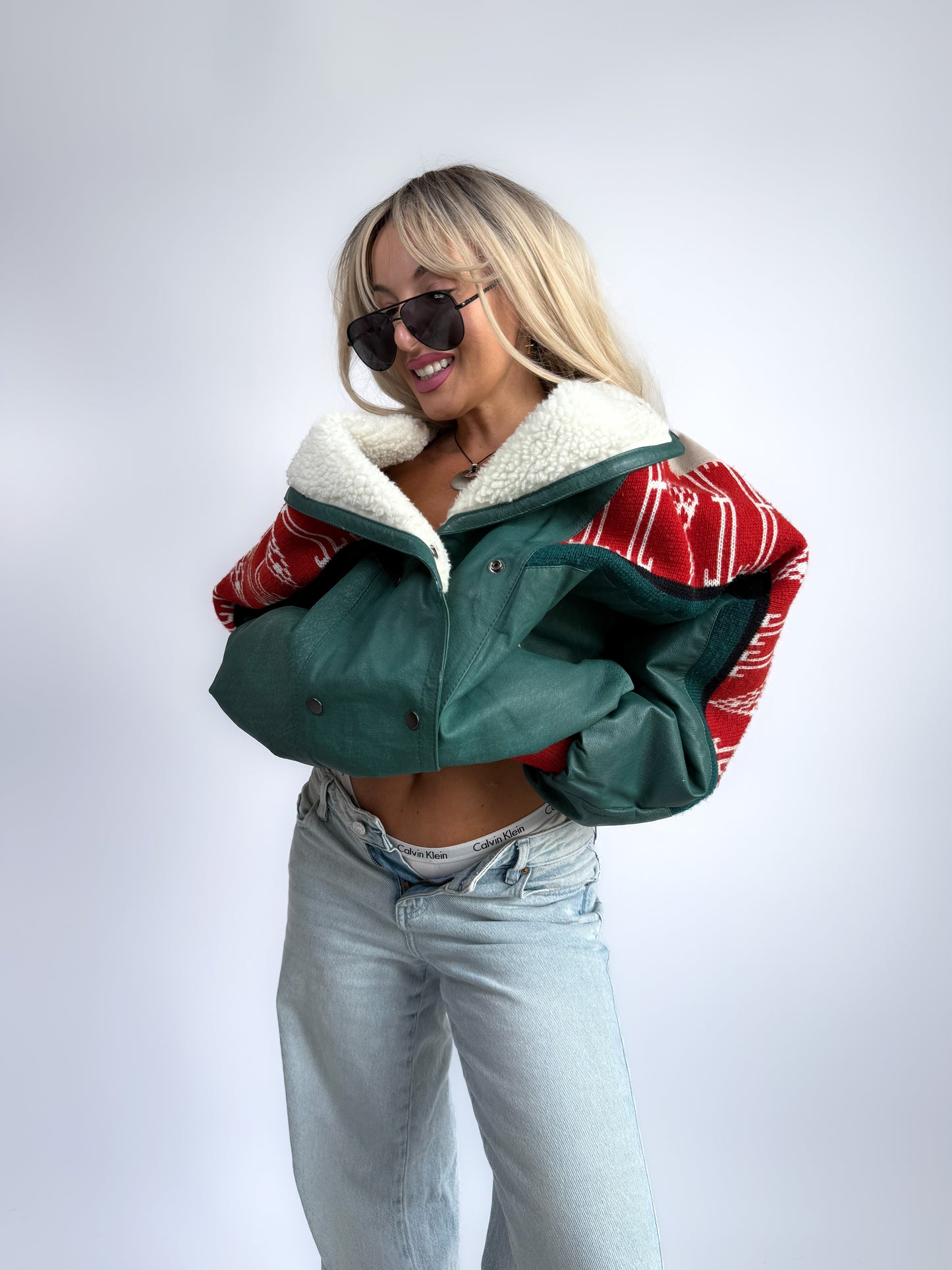 Vintage Navajo Leather Southwestern Bomber Jacket – Sherpa Collar, Streetwear Style M-L-XL