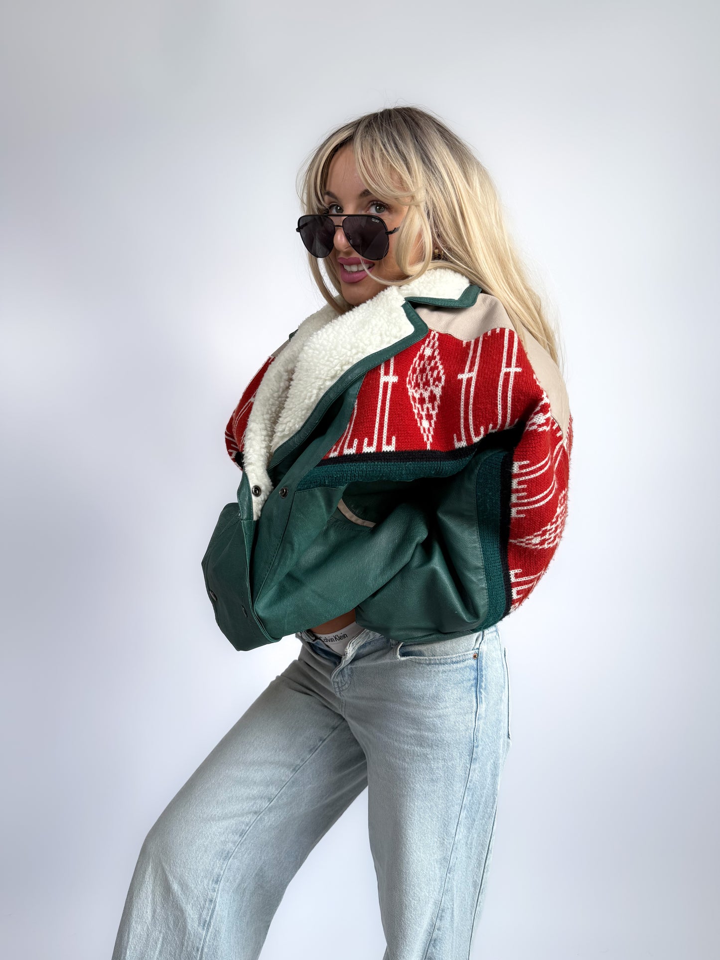 Vintage Navajo Leather Southwestern Bomber Jacket – Sherpa Collar, Streetwear Style M-L-XL