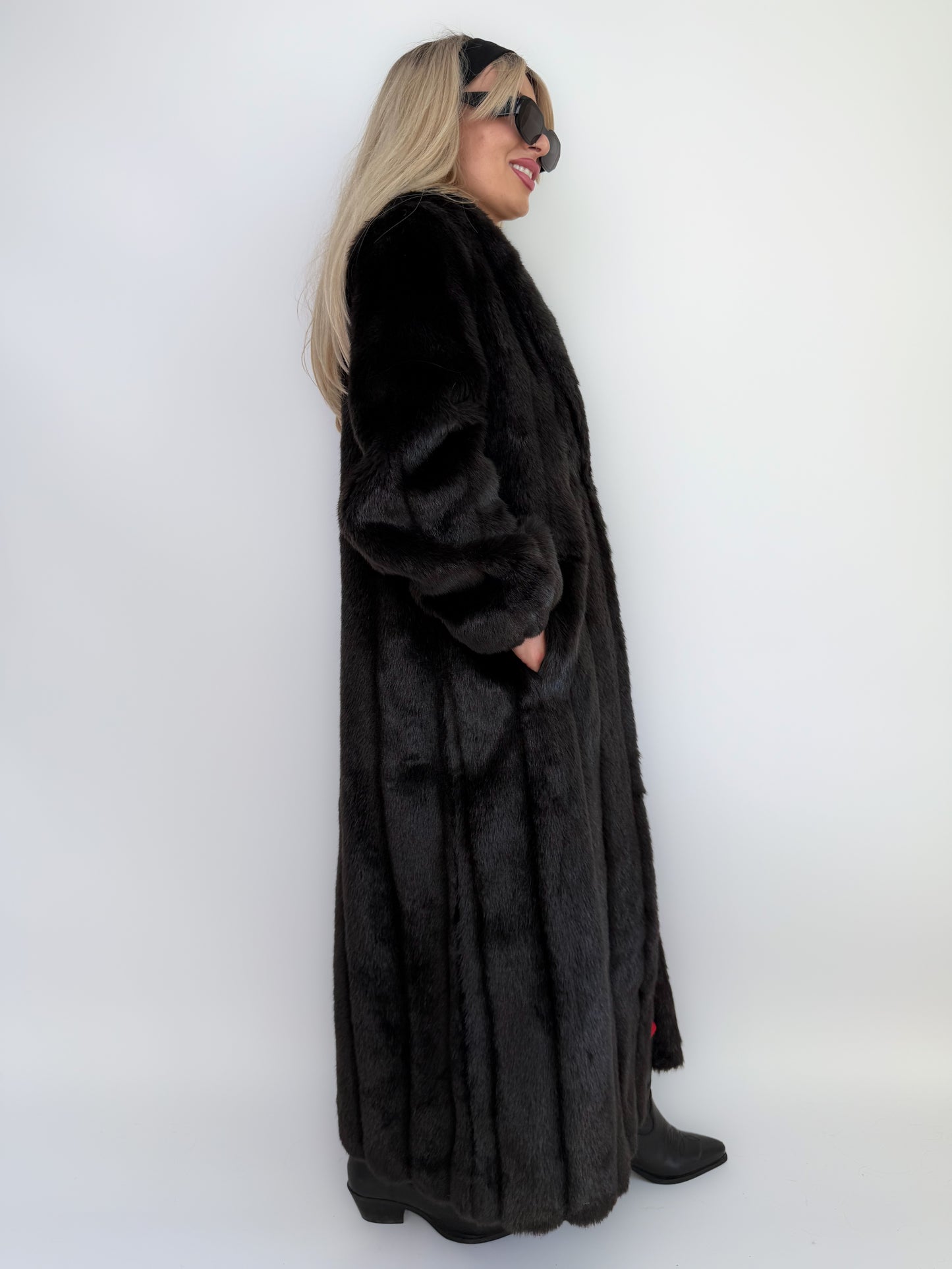 Vintage Black Faux Mink Full Length Winter Coat S-M