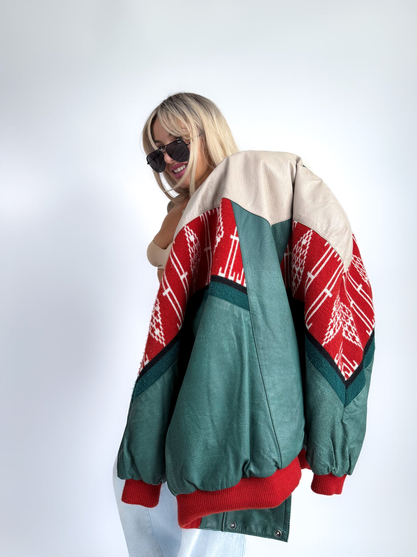 Vintage Navajo Leather Southwestern Bomber Jacket – Sherpa Collar, Streetwear Style M-L-XL