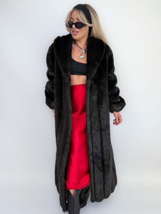 Vintage Black Faux Mink Full Length Winter Coat S-M