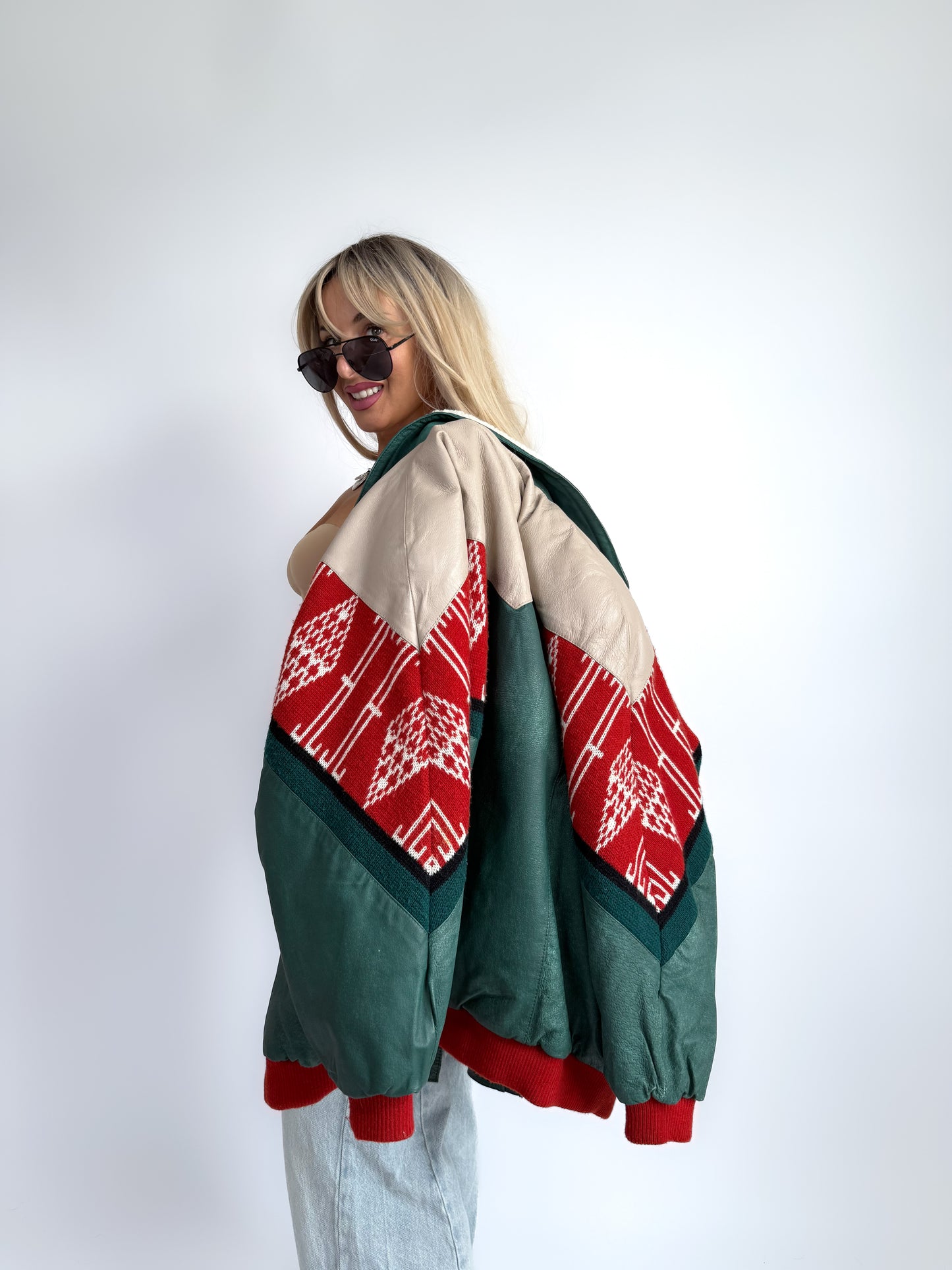 Vintage Navajo Leather Southwestern Bomber Jacket – Sherpa Collar, Streetwear Style M-L-XL
