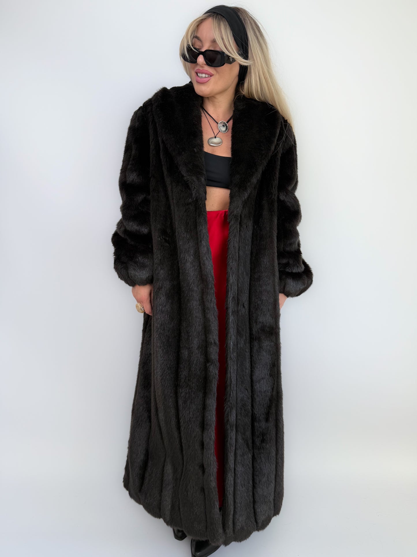 Vintage Black Faux Mink Full Length Winter Coat S-M