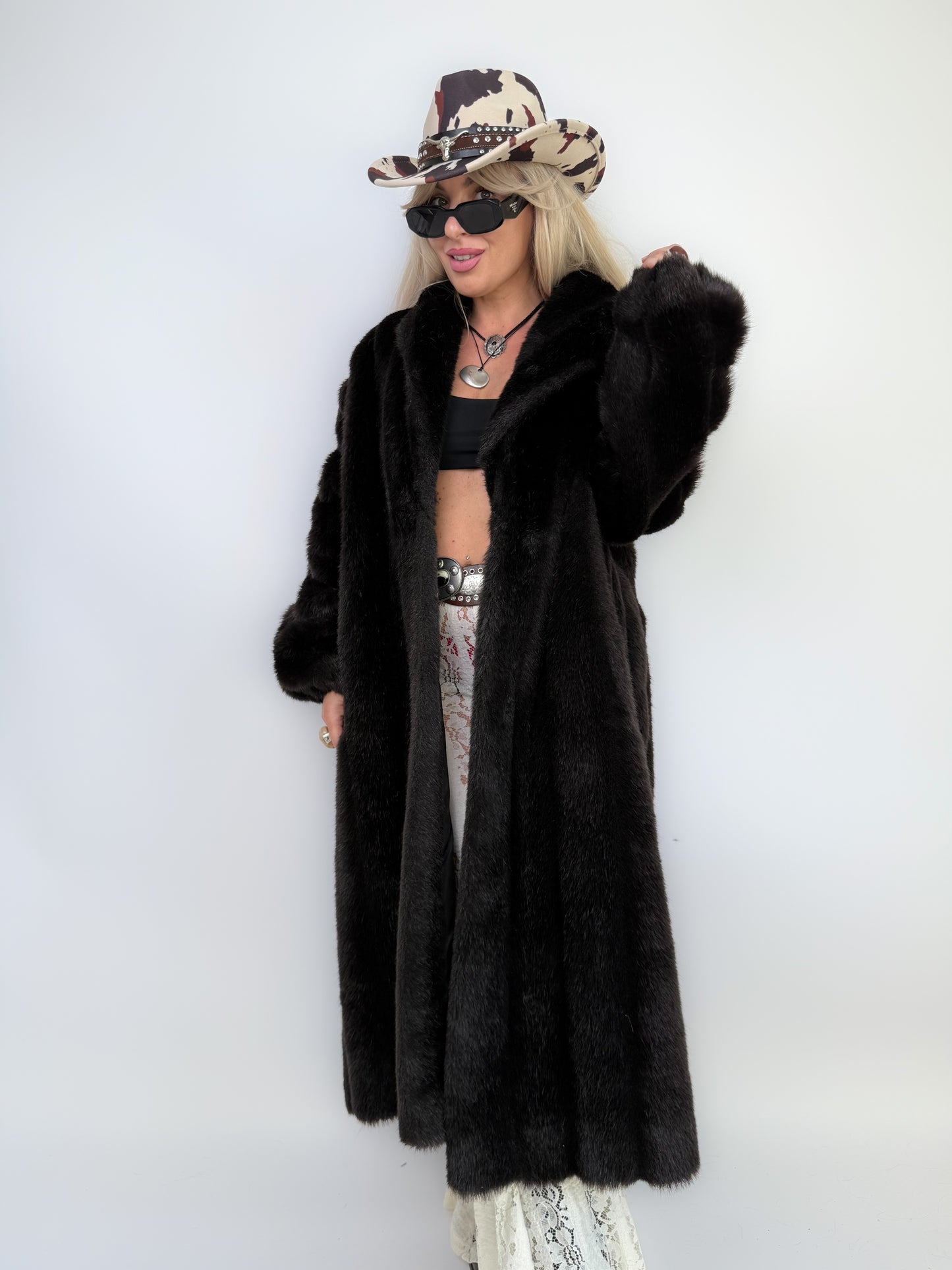 Vintage Black Faux Mink Full Length Coat Mob Wife Style Statement  Winter Coat M-L