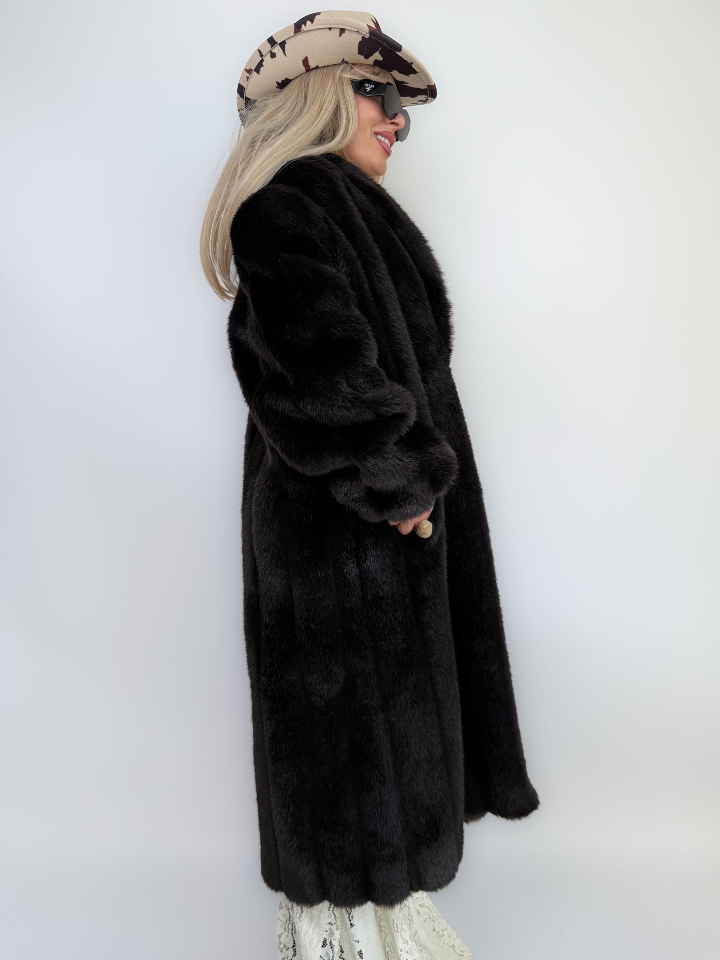 Vintage Black Faux Mink Full Length Coat Mob Wife Style Statement  Winter Coat M-L