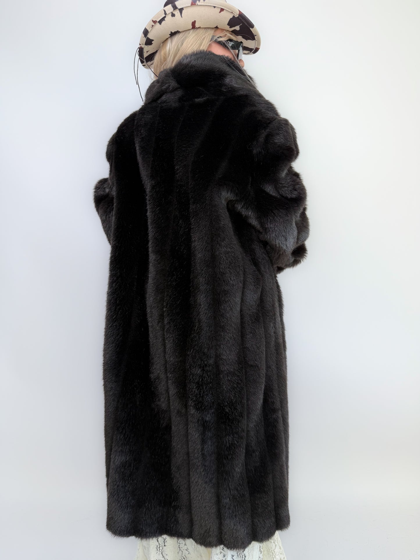 Vintage Black Faux Mink Full Length Coat Mob Wife Style Statement  Winter Coat M-L