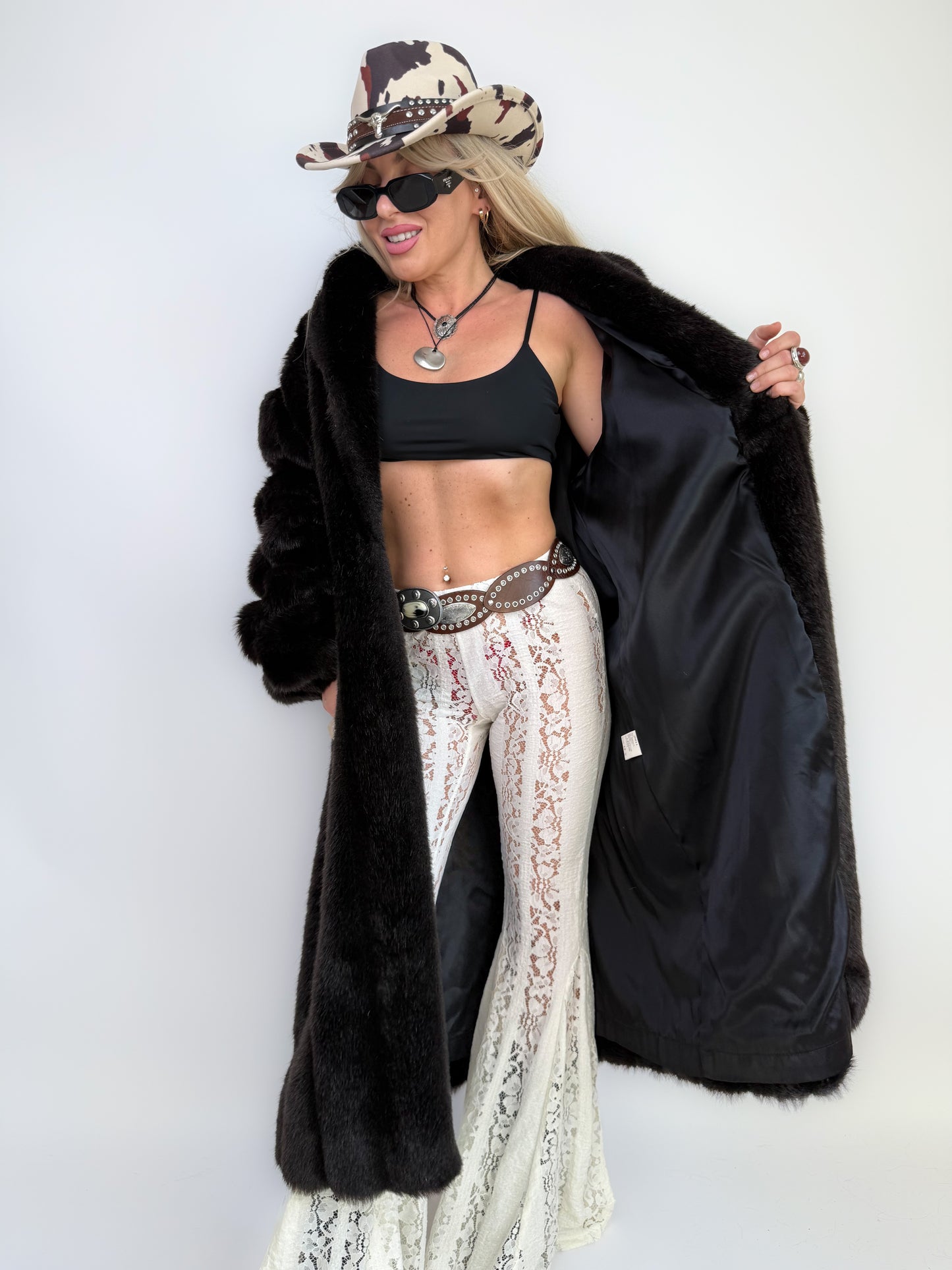 Vintage Black Faux Mink Full Length Coat Mob Wife Style Statement  Winter Coat M-L