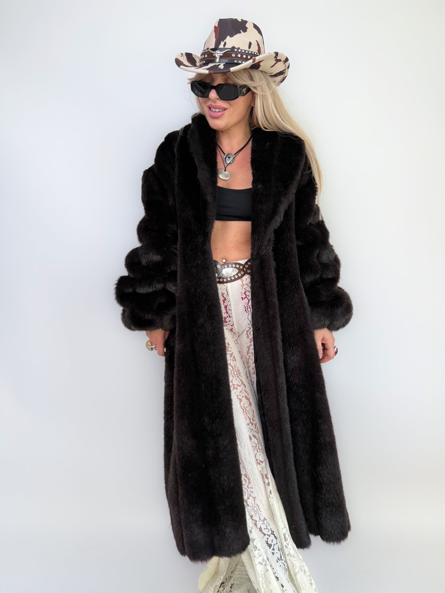 Vintage Black Faux Mink Full Length Coat Mob Wife Style Statement  Winter Coat M-L