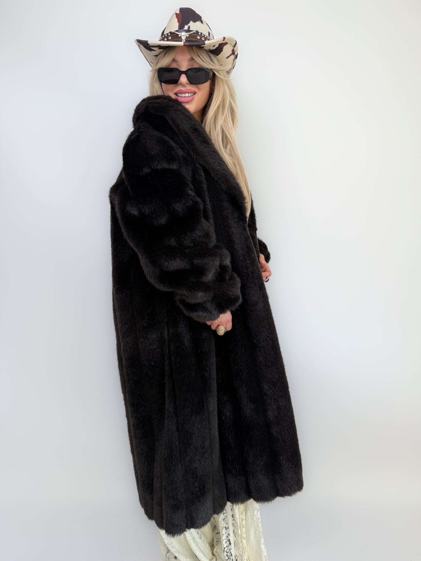 Vintage Black Faux Mink Full Length Coat Mob Wife Style Statement  Winter Coat M-L