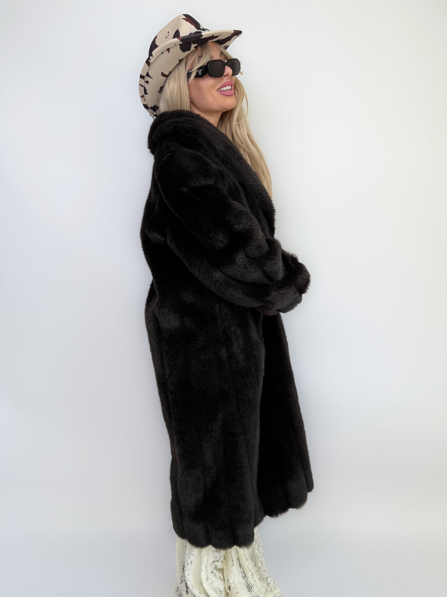 Vintage Black Faux Mink Full Length Coat Mob Wife Style Statement  Winter Coat M-L