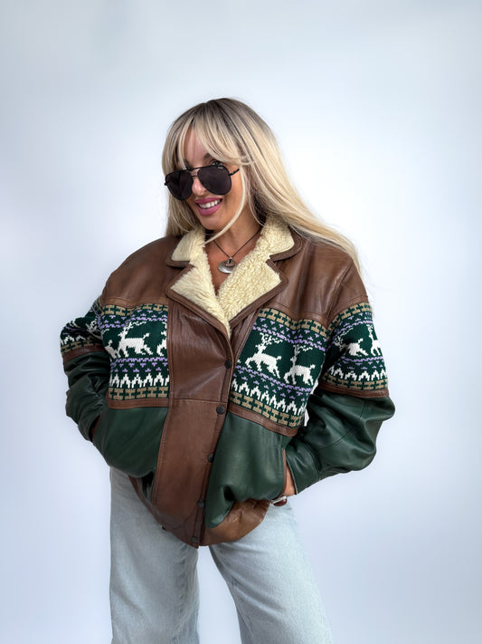 Vintage 90s Leather Bomber with Sherpa Collar - Winter Print Boho Navajo Aztec Tribal Style Jacket M-L