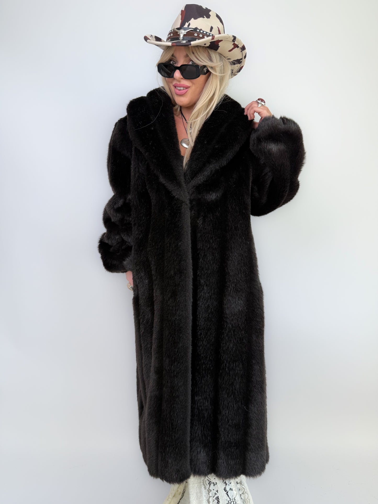 Vintage Black Faux Mink Full Length Coat Mob Wife Style Statement  Winter Coat M-L