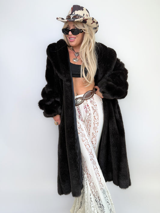 Vintage Black Faux Mink Full Length Coat Mob Wife Style Statement  Winter Coat M-L
