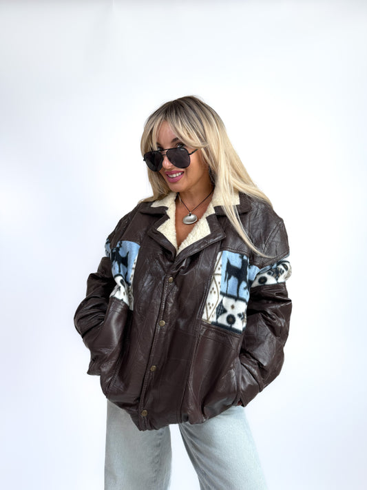 Vintage Brown Leather Bomber Jacket – Aztec Navajo Winter Fleece Lining, Sherpa Collar L-XXL