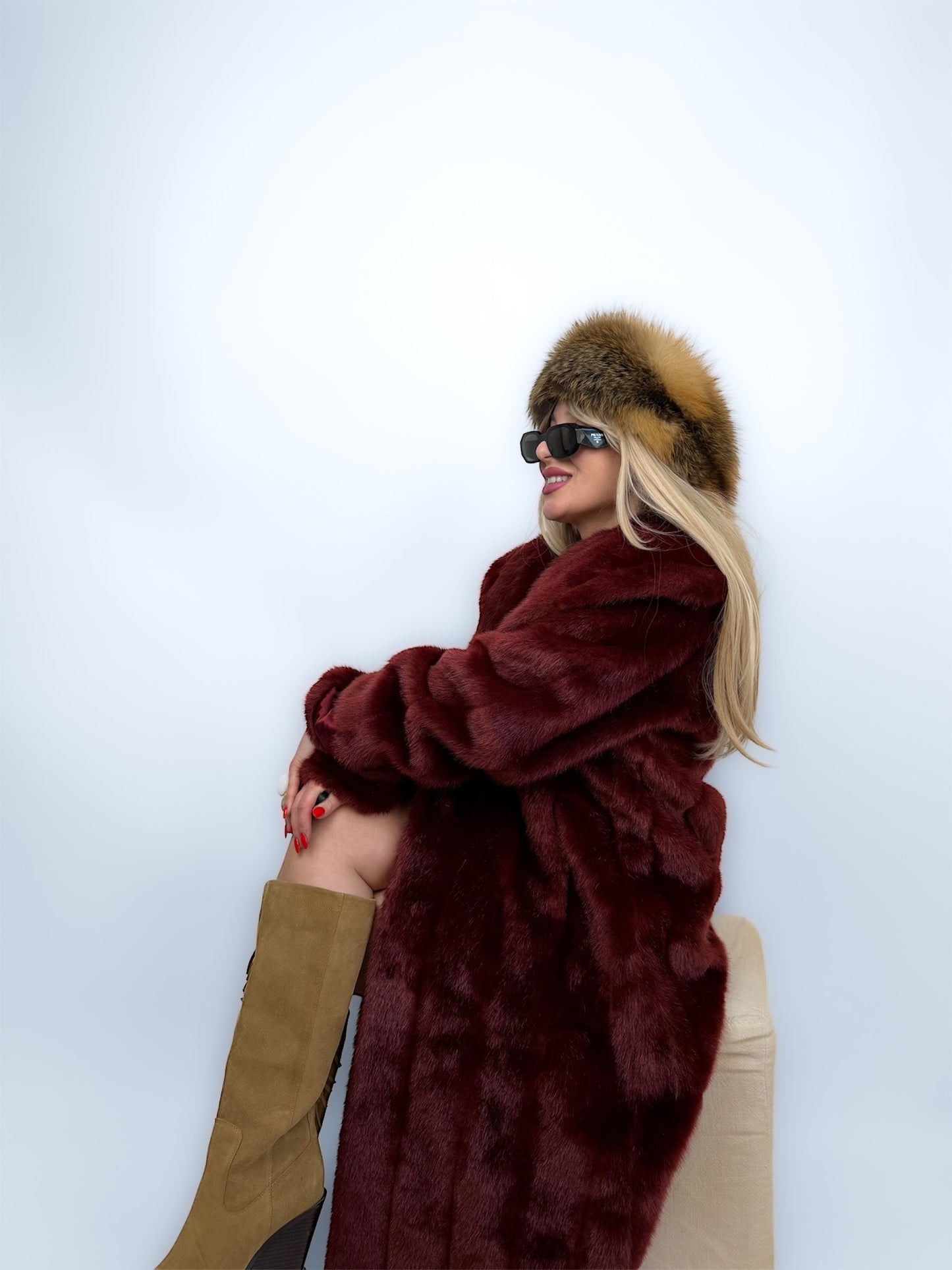Vintage Long Faux Fur Coat in Burgundy Red XS-S