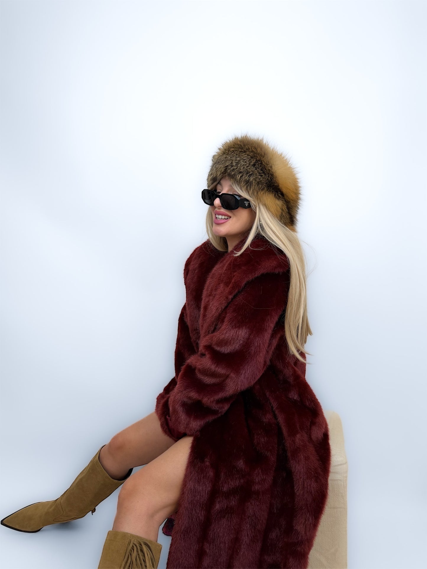 Vintage Long Faux Fur Coat in Burgundy Red XS-S