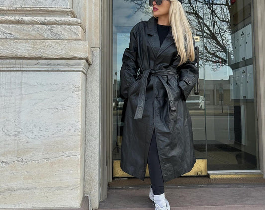Vintage leather trench full mid length long coat real natural waist tie belt trench 90s retro overcoat black