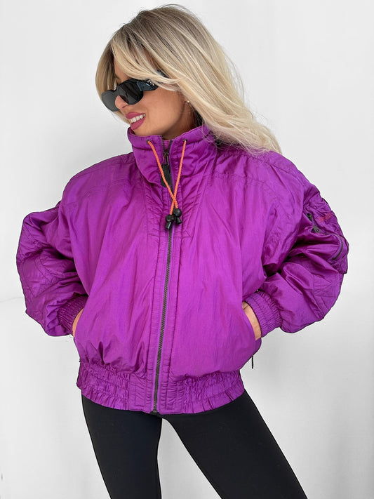 Vintage 90s Neon Ski Bomber Jacket in Purple with Orange Accents – Women’s Large