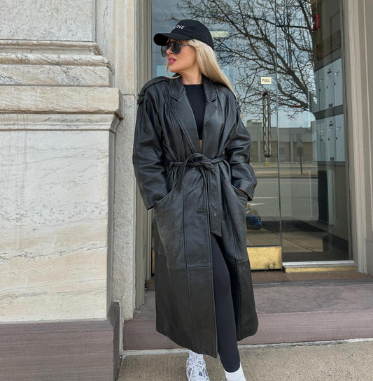 Vintage leather trench full length long coat real natural waist tie belt  trench 90s retro overcoat  black