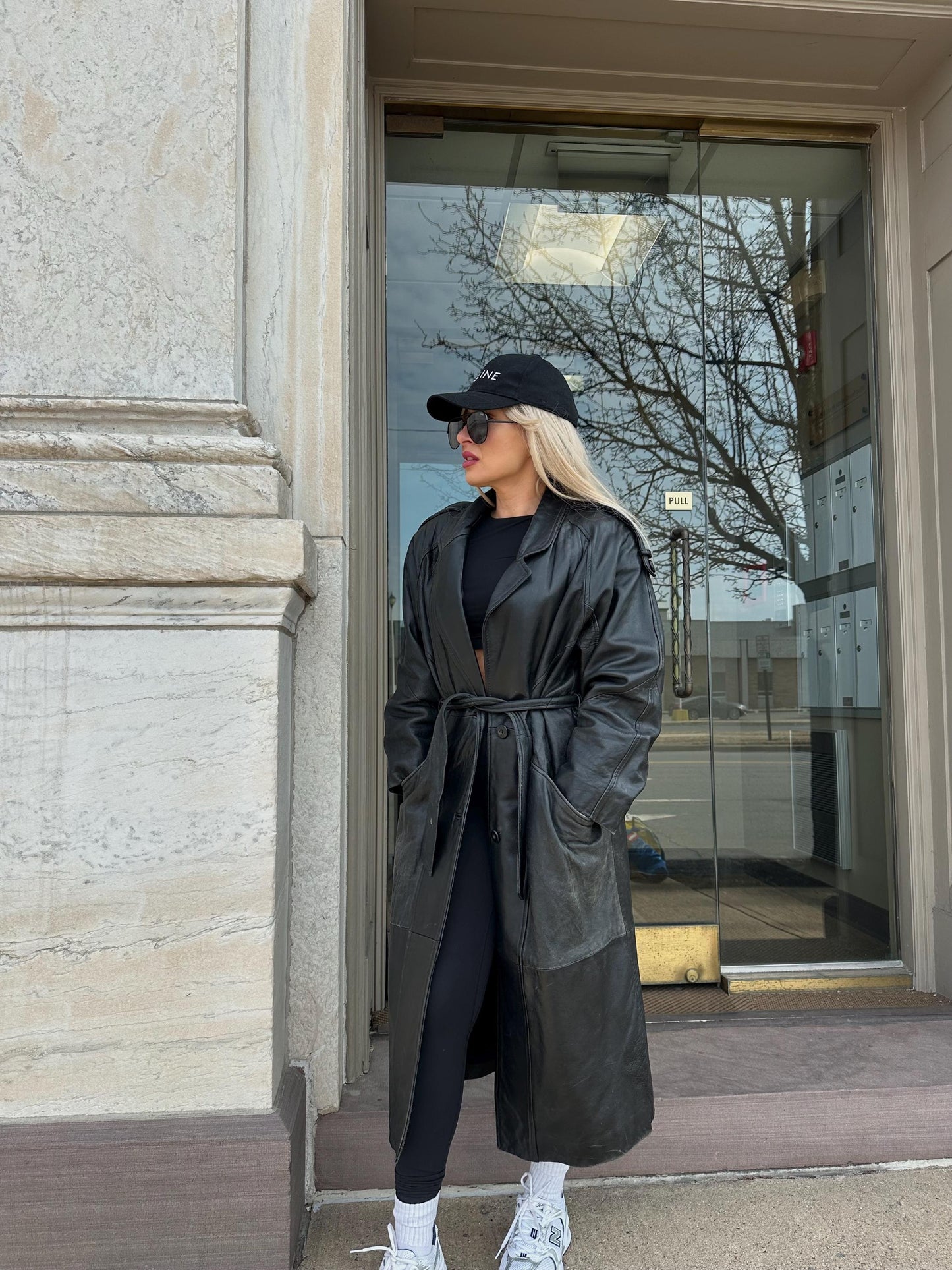 Vintage leather trench full length long coat real natural waist tie belt  trench 90s retro overcoat  black